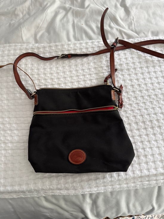 Dooney & Bourke Handbags - Dooney & Bourke Black Crossbody with Brown Leather Trim and Red Accent